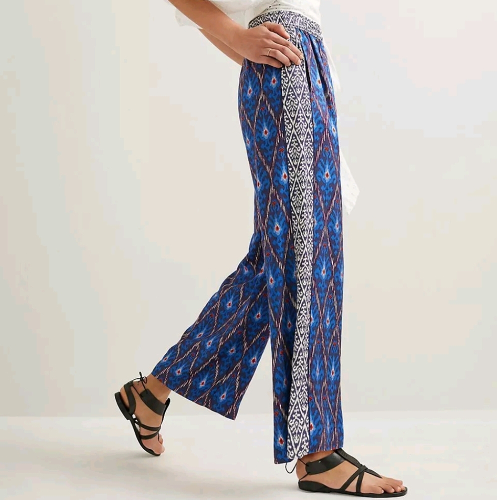 Anthropologie Vale Blue Aztec Printed Wide-Leg Pull-On Pants Side Stripe Sm